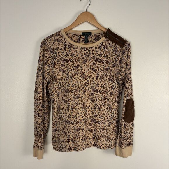 Lauren Ralph Lauren Tops - LRL Lauren Jeans Co Womens XL Faux Leather Elbow Patch T-Shirt Paisley Cream